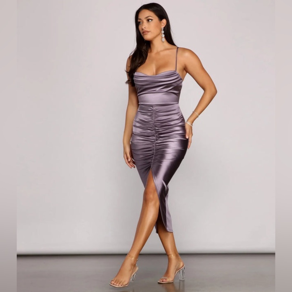 WINDSOR BRE FORMAL SATIN RUCHED MIDI DRESS